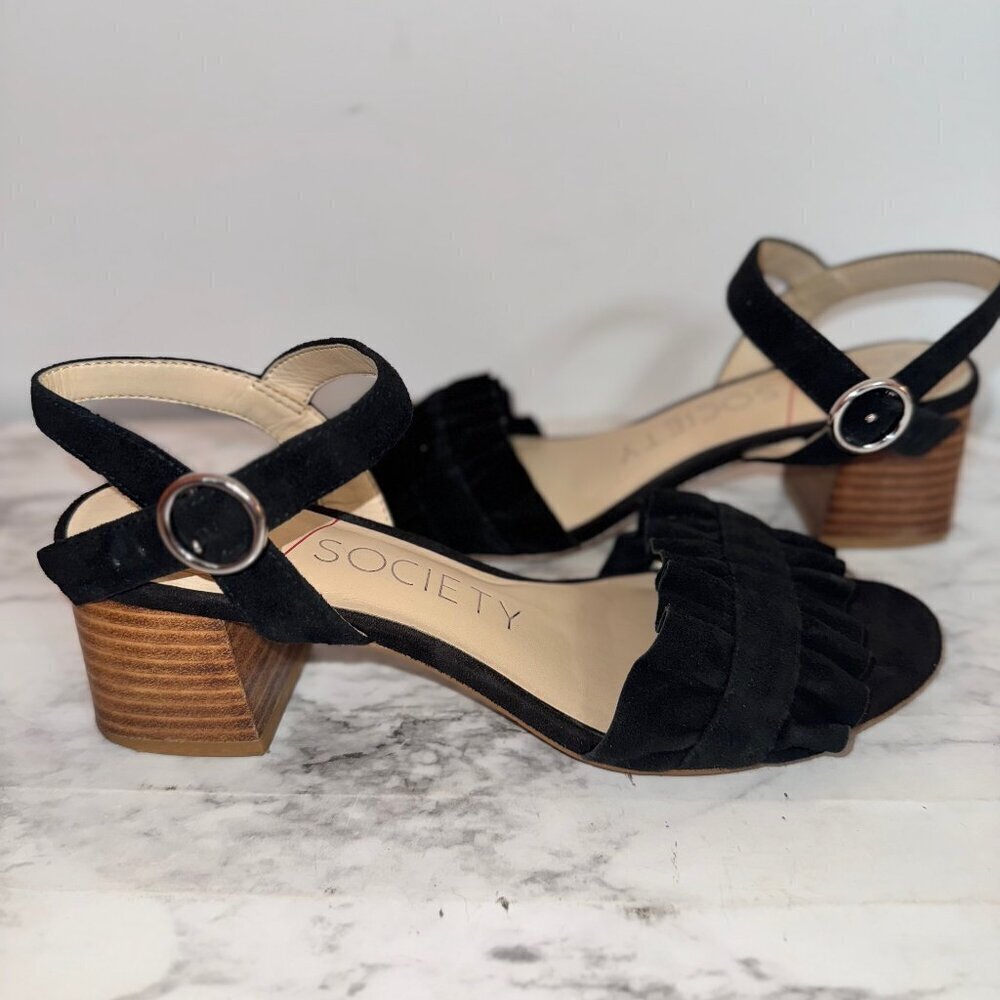 Sole Society Black Leather Upper Block Heel Slingback Sandal Heels size 6.5 M